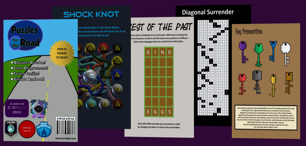 Cover image and an array of four puzzles from Puzzles for the Road
